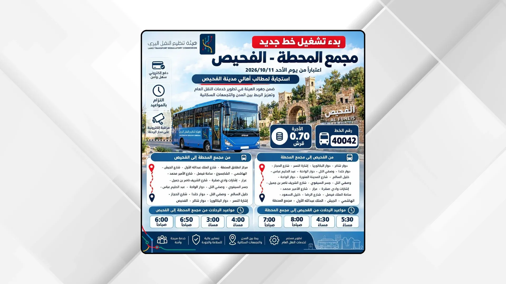 بدء تشغيل خدمة النقل المنتظم على خط مجمع المحطة - الفحيص غدا